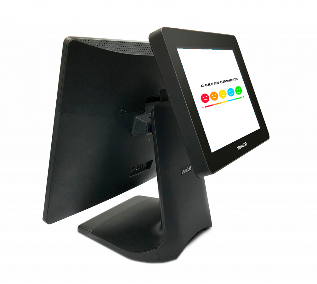 PDV touch All-in-one SPT-2500 da Sweda com software de vendas exibido tela do cliente e visão lateral direita.