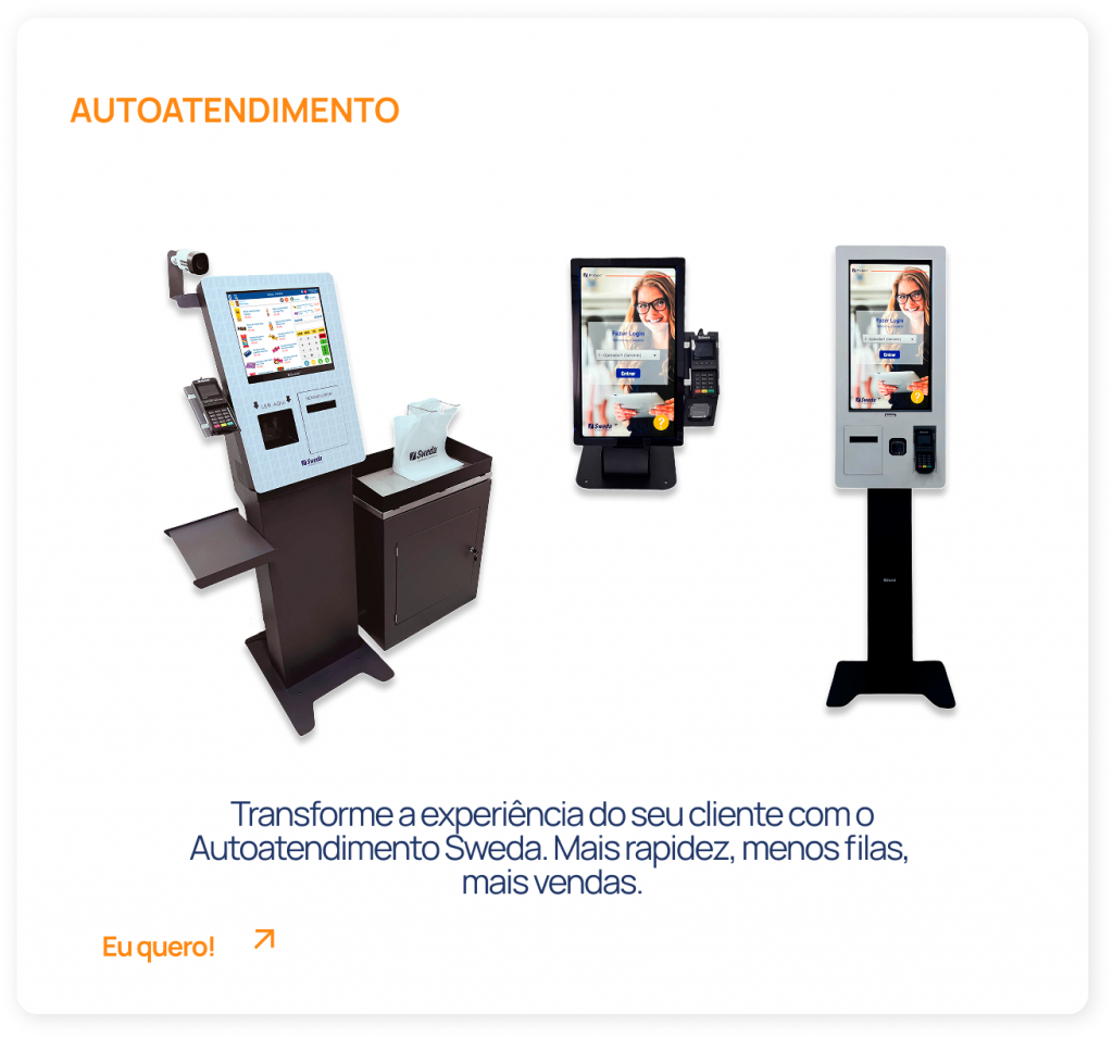 Totem de autoatendimento Sweda com tela touch, leitor de cartão e impressora, ideal para agilizar o atendimento no varejo