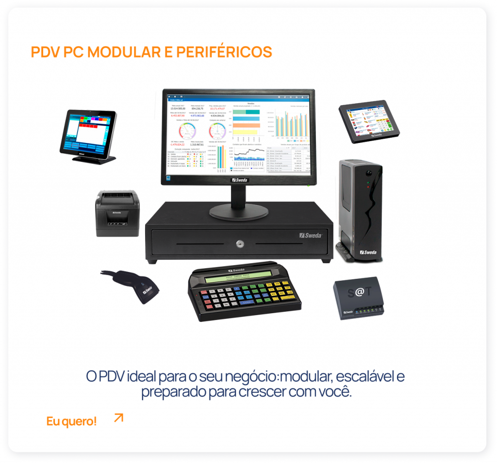 PDV modular Sweda com monitor, gaveta de dinheiro, CPU, teclado programável, leitor e periféricos para automação comercial