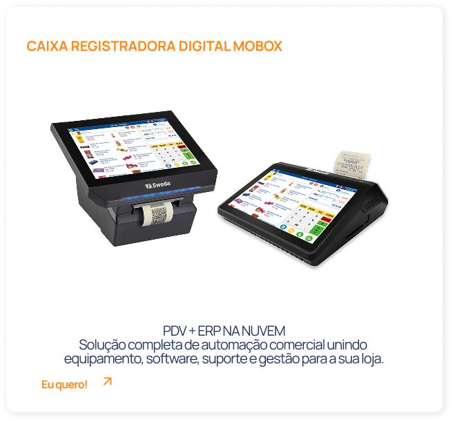 Caixa registradora digital Sweda Mobox com sistema PDV integrado, emissão de cupom fiscal e operação em nuvem