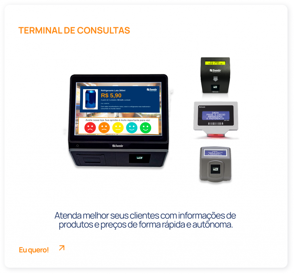 Terminal de consulta Sweda com tela touch, leitor de código de barras e painel de avaliação do cliente. Terminal de consulta Sweda compacto com visor amarelo e leitura de código de barras. Terminal de preço Sweda com display azul e leitor para consulta rápida de produtos. Mini terminal de consulta Sweda com visor azul e leitor óptico embutido.